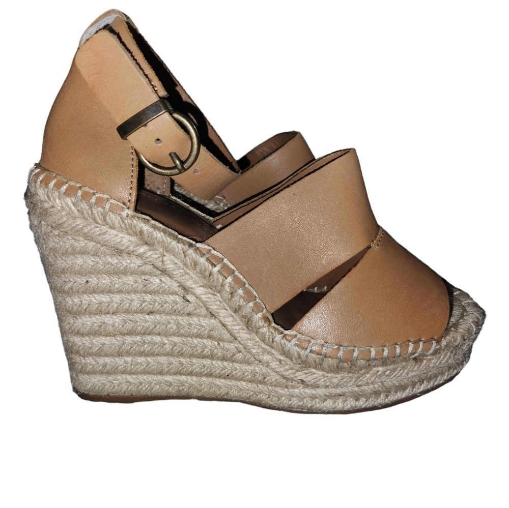 Treasure & Bond Tan‎ Leather Espadrille Wedge Sandals Ankle Strap Buckle Closure